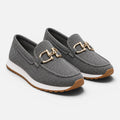 Dark gray mesh loafers pair, slip-on design with gold horsebit hardware