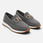 Dark gray mesh loafers pair, slip-on design with gold horsebit hardware