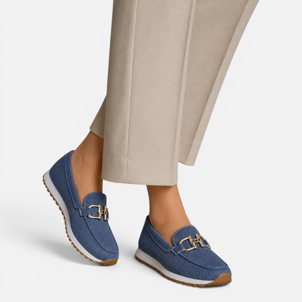 Breathable mesh loafers, blue slip-on with gold horsebit detail