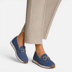 Breathable mesh loafers, blue slip-on with gold horsebit detail