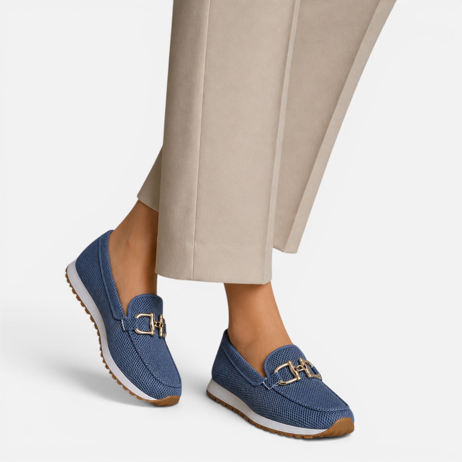 Breathable mesh loafers, blue slip-on with gold horsebit detail