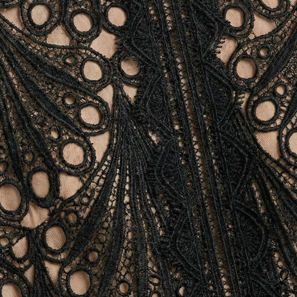 Close-up of black lace fabric with circular and fan-shaped embroidery
