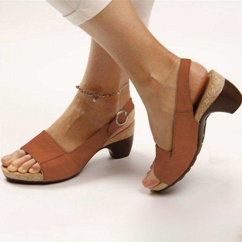 Women’s orthopedic sandals with open toe, block heel, and adjustable ankle strap (brown)