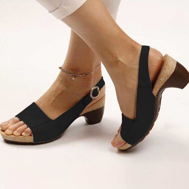 Women’s orthopedic sandals with open toe, block heel, and adjustable ankle strap (black)