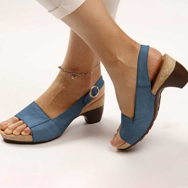 Women’s orthopedic sandals with open toe, block heel, and adjustable ankle strap (blue)