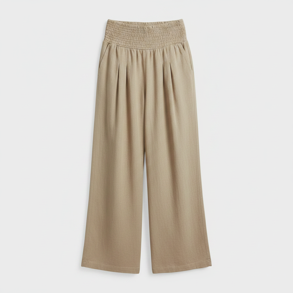Beige high-waisted linen wide-leg trousers with elastic smocked waistband