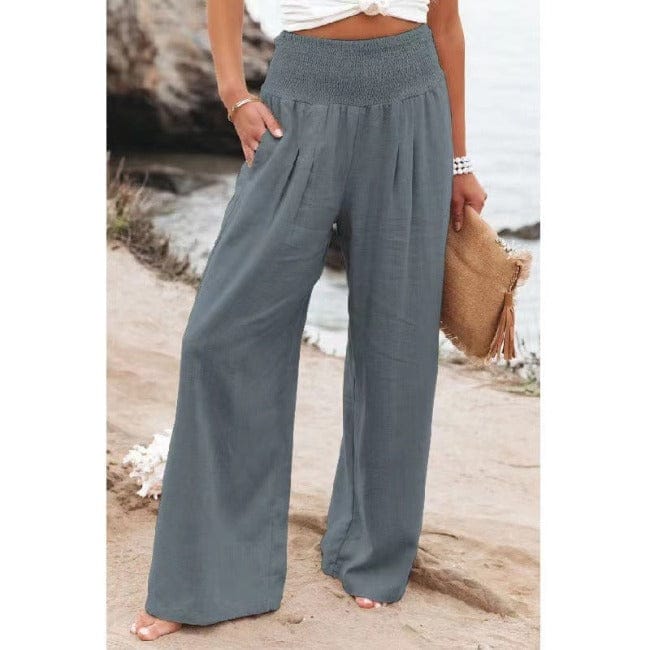 Grey high-waisted linen wide-leg trousers with elastic smocked waistband