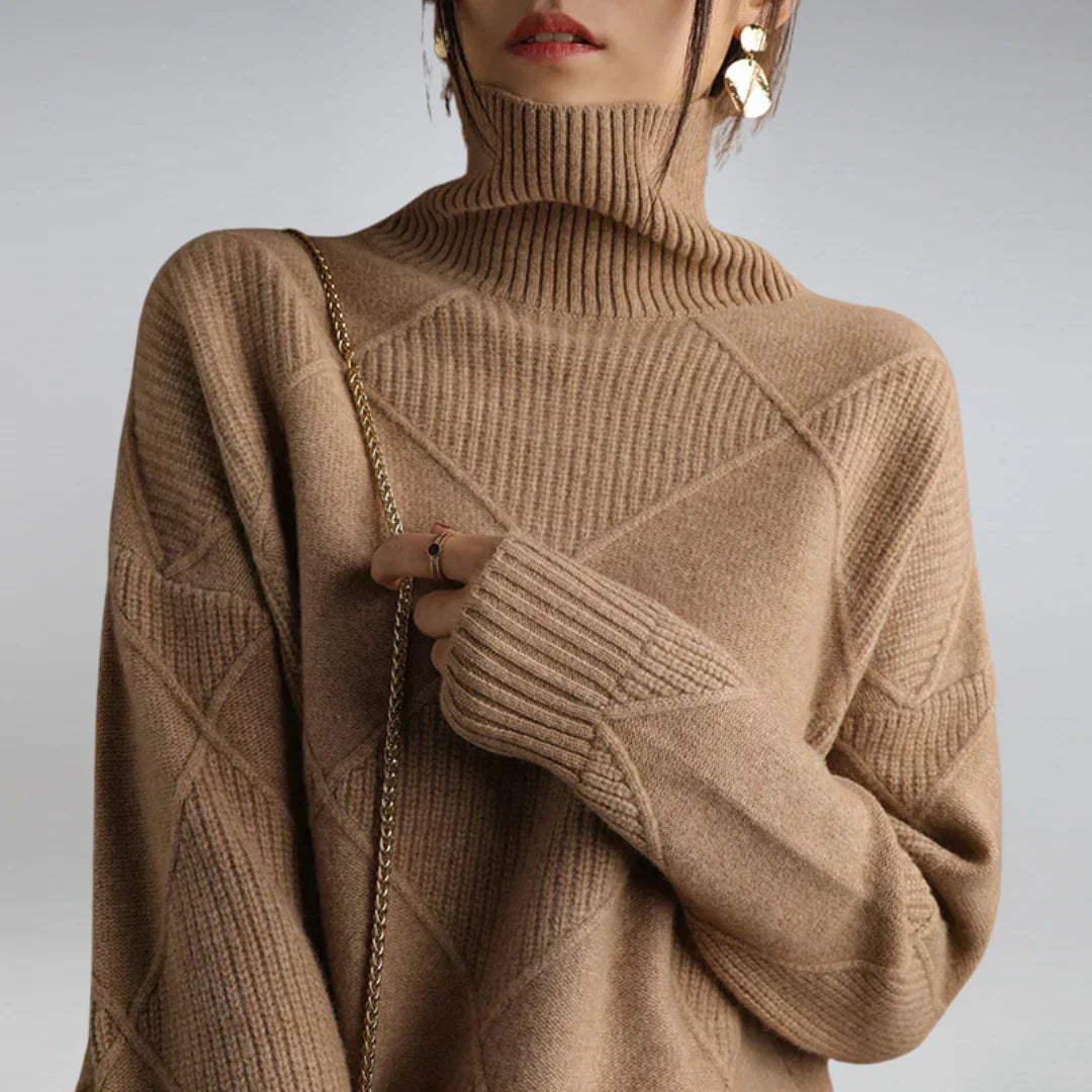 Women’s cashmere turtleneck sweater in brown, ribbed collar and diamond knit pattern.
