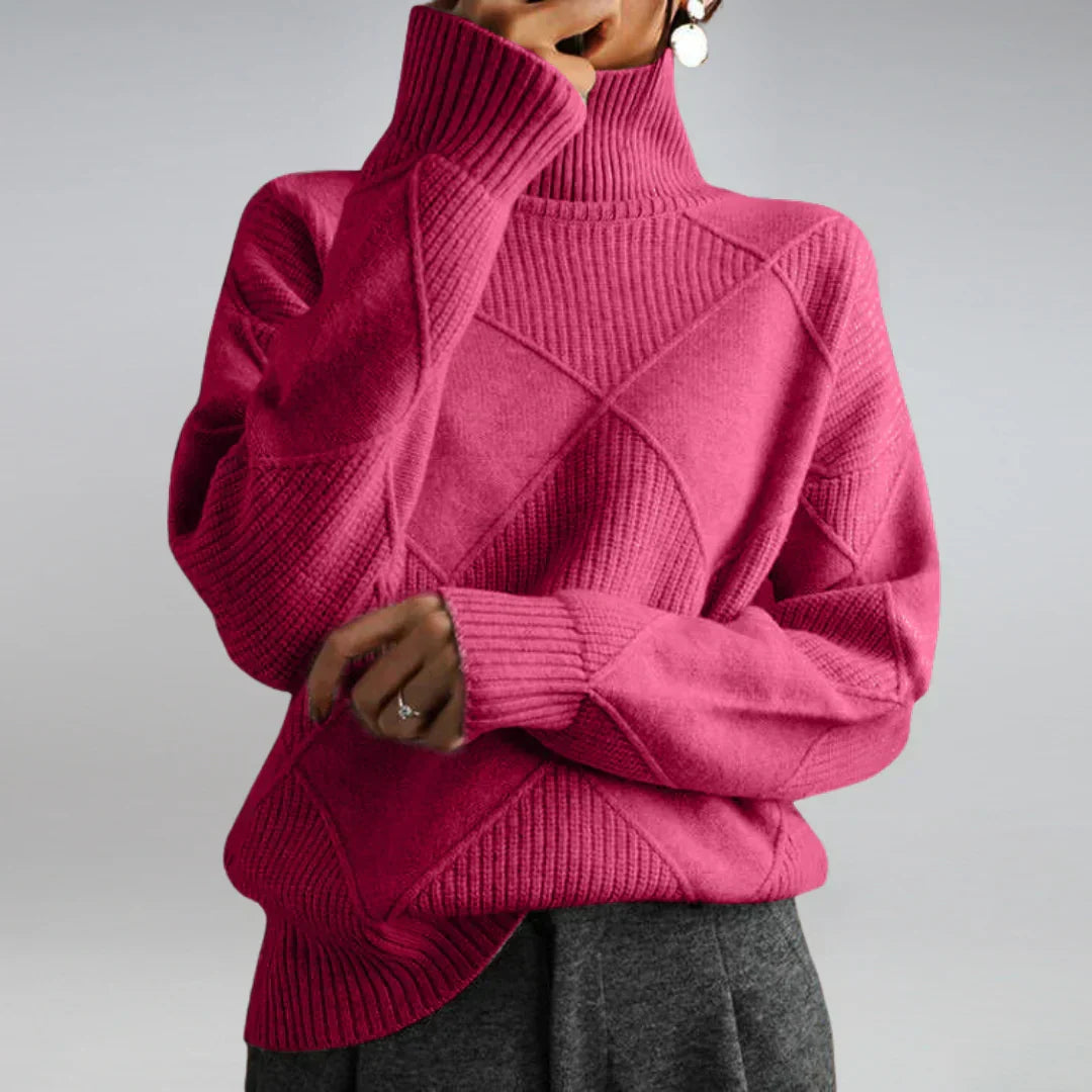 Women’s cashmere turtleneck sweater in fuchsia, ribbed collar and diamond knit design.
