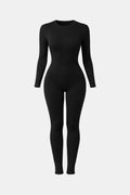 Black long-sleeve crew-neck fitted jumpsuit, full-length with straight leg shape.