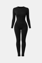Black long-sleeve crew-neck fitted jumpsuit, full-length with straight leg shape.