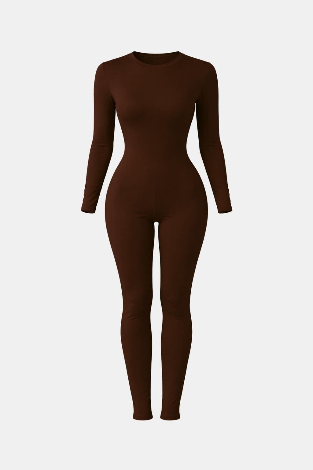 Coffee-brown long-sleeve crew-neck bodycon jumpsuit with fitted full-length legs.