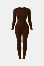 Coffee-brown long-sleeve crew-neck bodycon jumpsuit with fitted full-length legs.