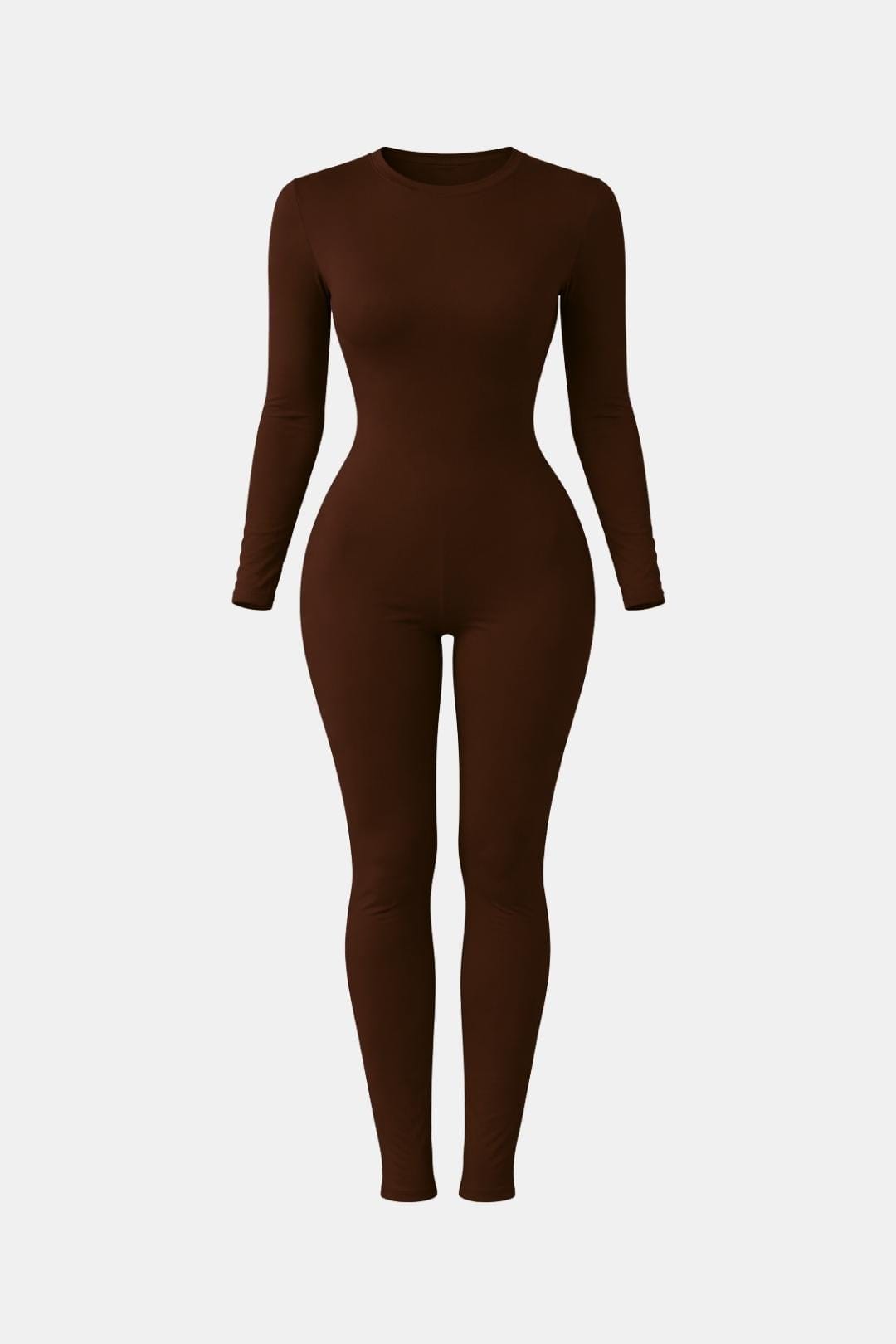 Coffee-brown long-sleeve crew-neck bodycon jumpsuit with fitted full-length legs.