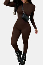 Coffee-brown long-sleeve crew-neck bodycon jumpsuit with fitted legs and full coverage.