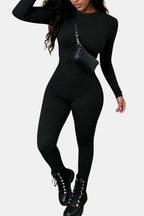 Black long-sleeve crew-neck bodycon jumpsuit with fitted legs and full coverage.