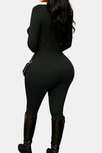Black long-sleeve bodycon jumpsuit with crew neck and high-shape fit.