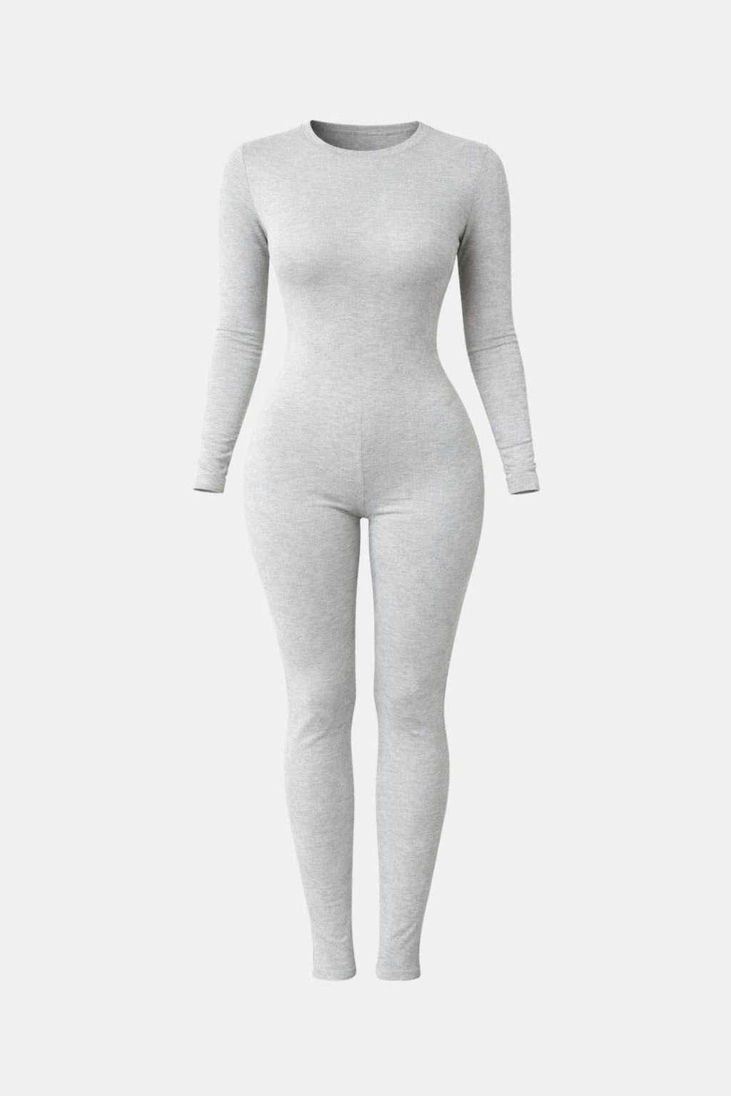 Light grey long-sleeve crew-neck fitted jumpsuit with full-length tapered legs.