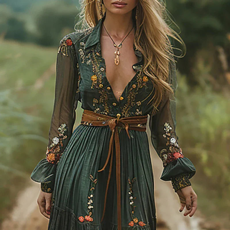 Embroidered V-neck maxi dress with long sleeves and waist tie belt in green, floral motif