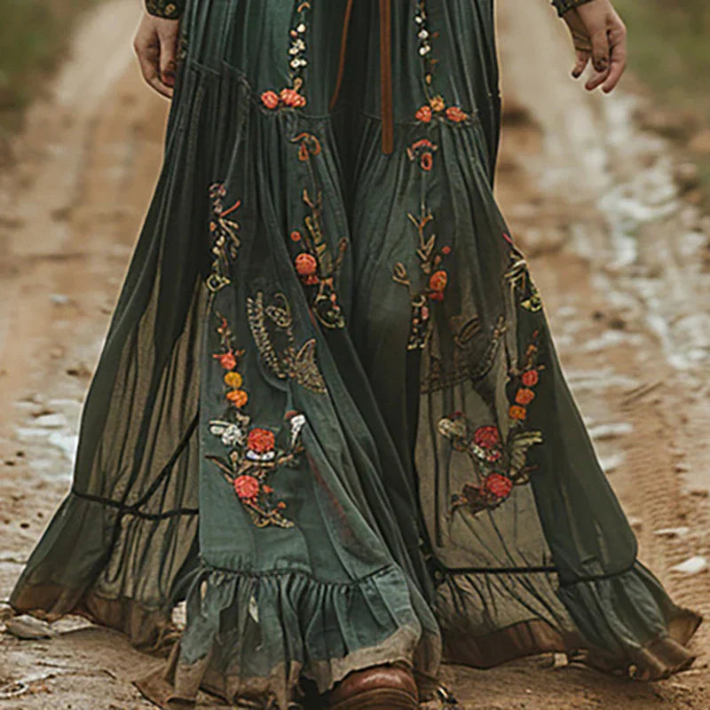 Tiered hem embroidered maxi dress with waist tie belt in green, floral pattern