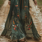 Tiered hem embroidered maxi dress with waist tie belt in green, floral pattern