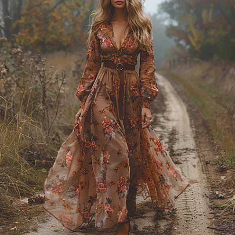 Embroidered bohemian maxi dress with V-neck, long sleeves, and waist tie belt, floral print