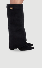 Black knee-high suede boots with wide flare top, gold buckle, block heel
