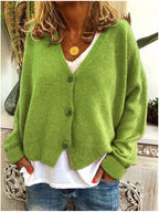Women's V-neck button cardigan, bright green knit with long sleeves