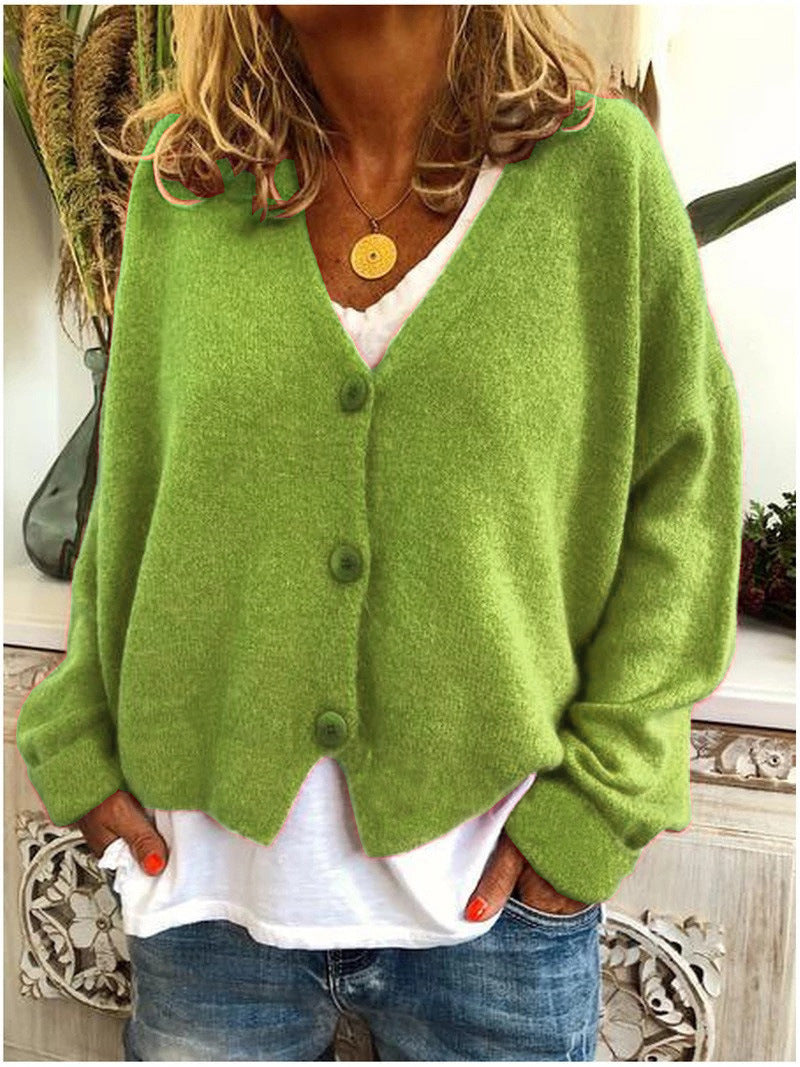 Women's V-neck button cardigan, bright green knit with long sleeves