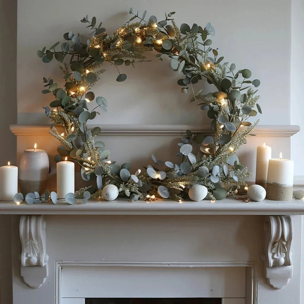 Circular LED-lit eucalyptus wreath with warm twinkling lights and pale leaf sprigs