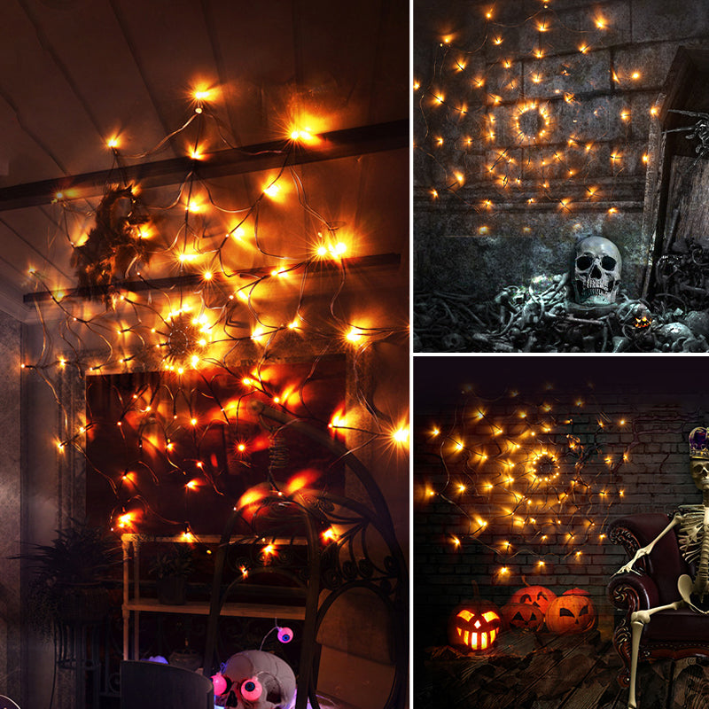 Warm LED Halloween spiderweb lights shown in multiple angles with black spider accents