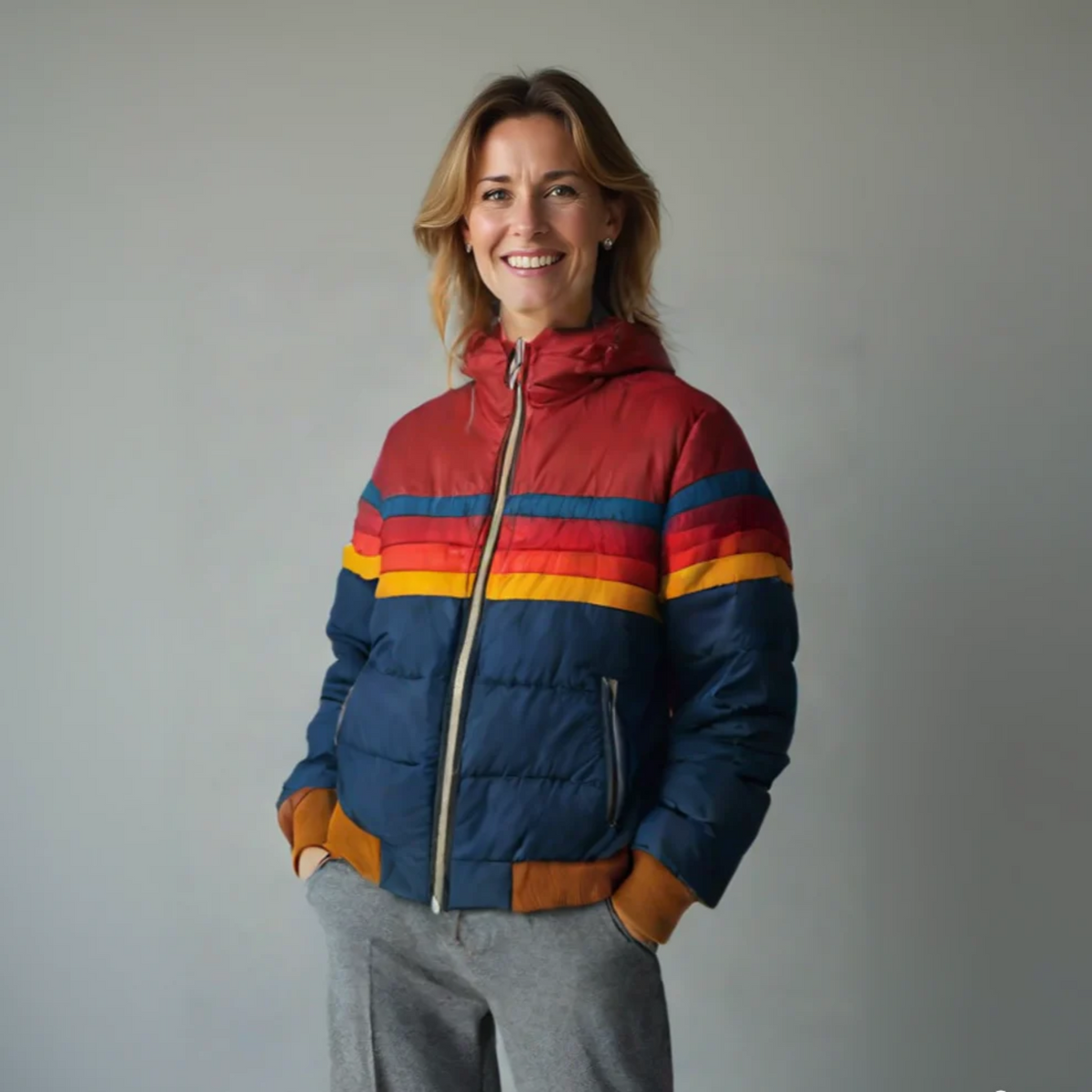 Women’s quilted puffer jacket with zip, red and blue color blocks, striped bands.