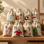 Fabric advent calendar drawstring bags with numbered Christmas icons, 24-count set