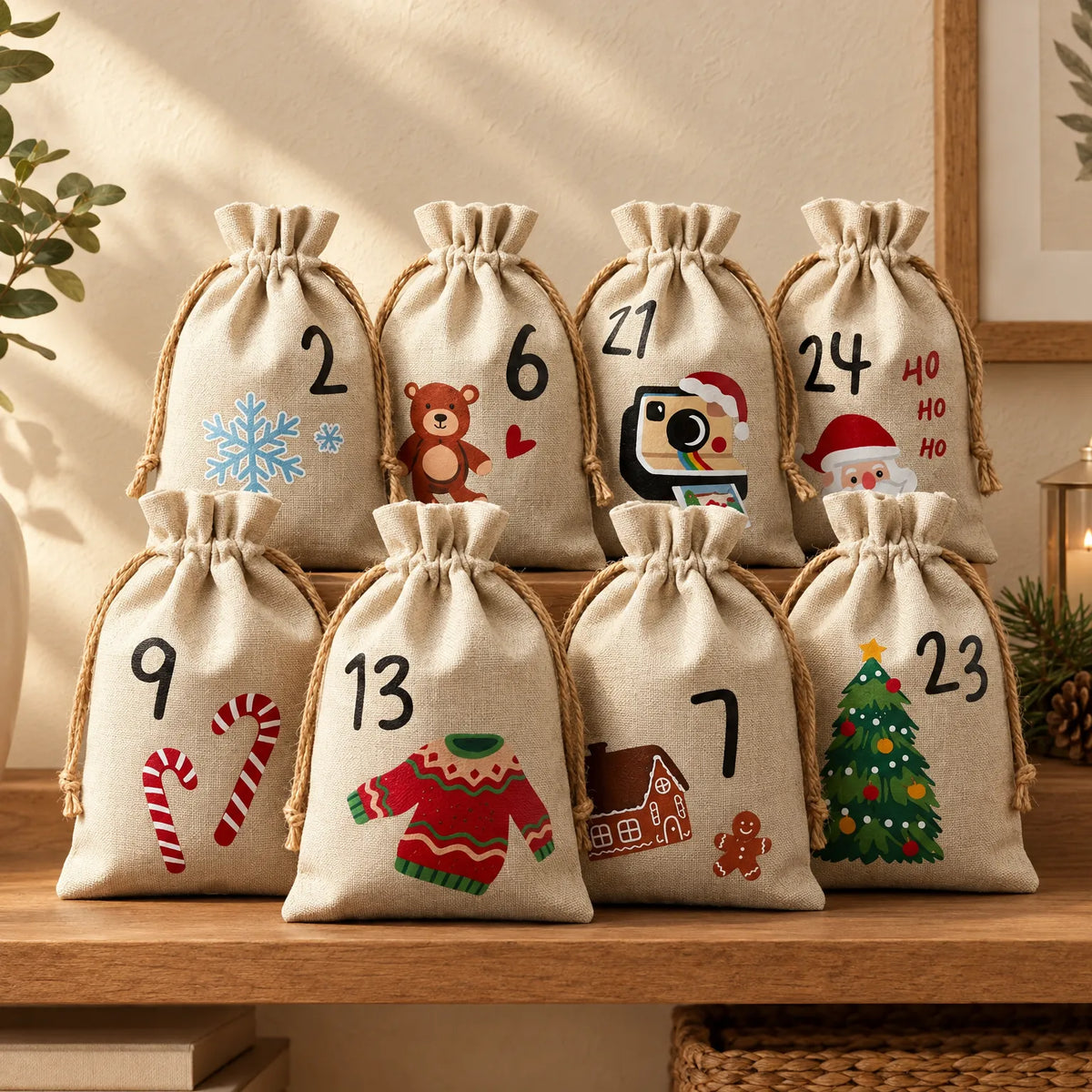 Fabric advent calendar drawstring bags with numbered Christmas icons, 24-count set