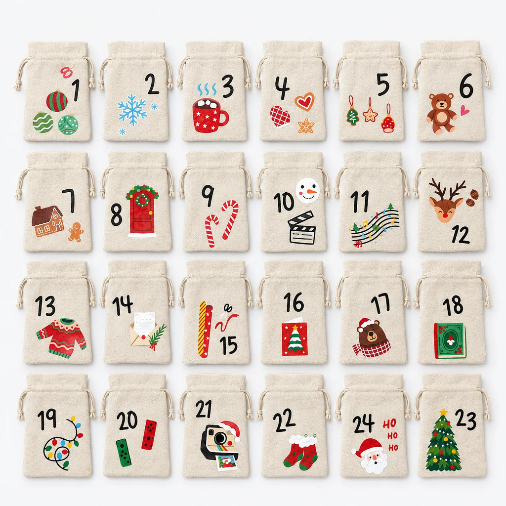 24 fabric advent calendar bags, each with a number and festive holiday icon