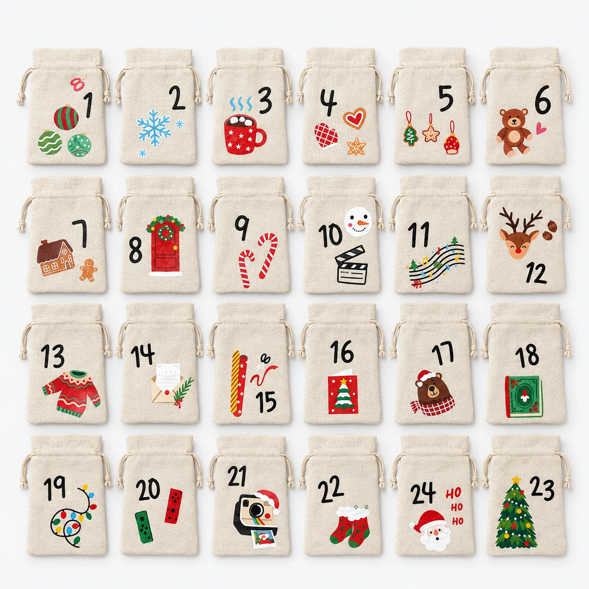 24 fabric advent calendar bags, each with a number and festive holiday icon