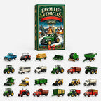 Farm vehicle acrylic ornaments set, 24 tractor pieces shown with boxed calendar