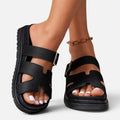 Black platform sandals with adjustable ankle straps and open toe cutouts