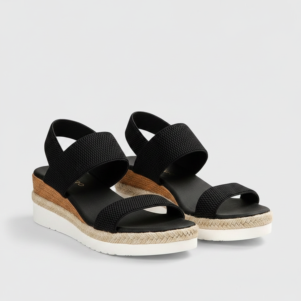 Women's arch support sandals, black textured straps with cushioned platform sole
