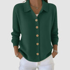 Women’s button-up V-neck knit cardigan with lapel collar, long sleeves, dark green