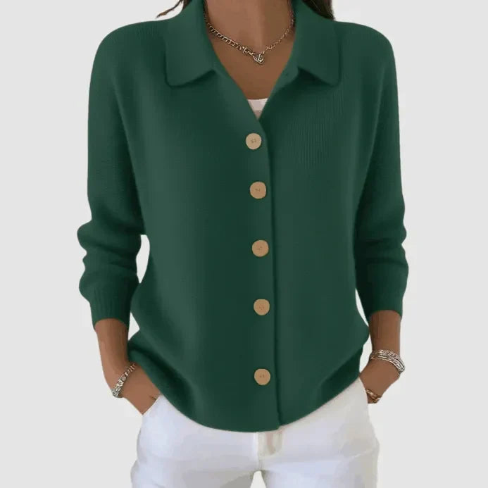 Women’s button-up V-neck knit cardigan with lapel collar, long sleeves, forest green