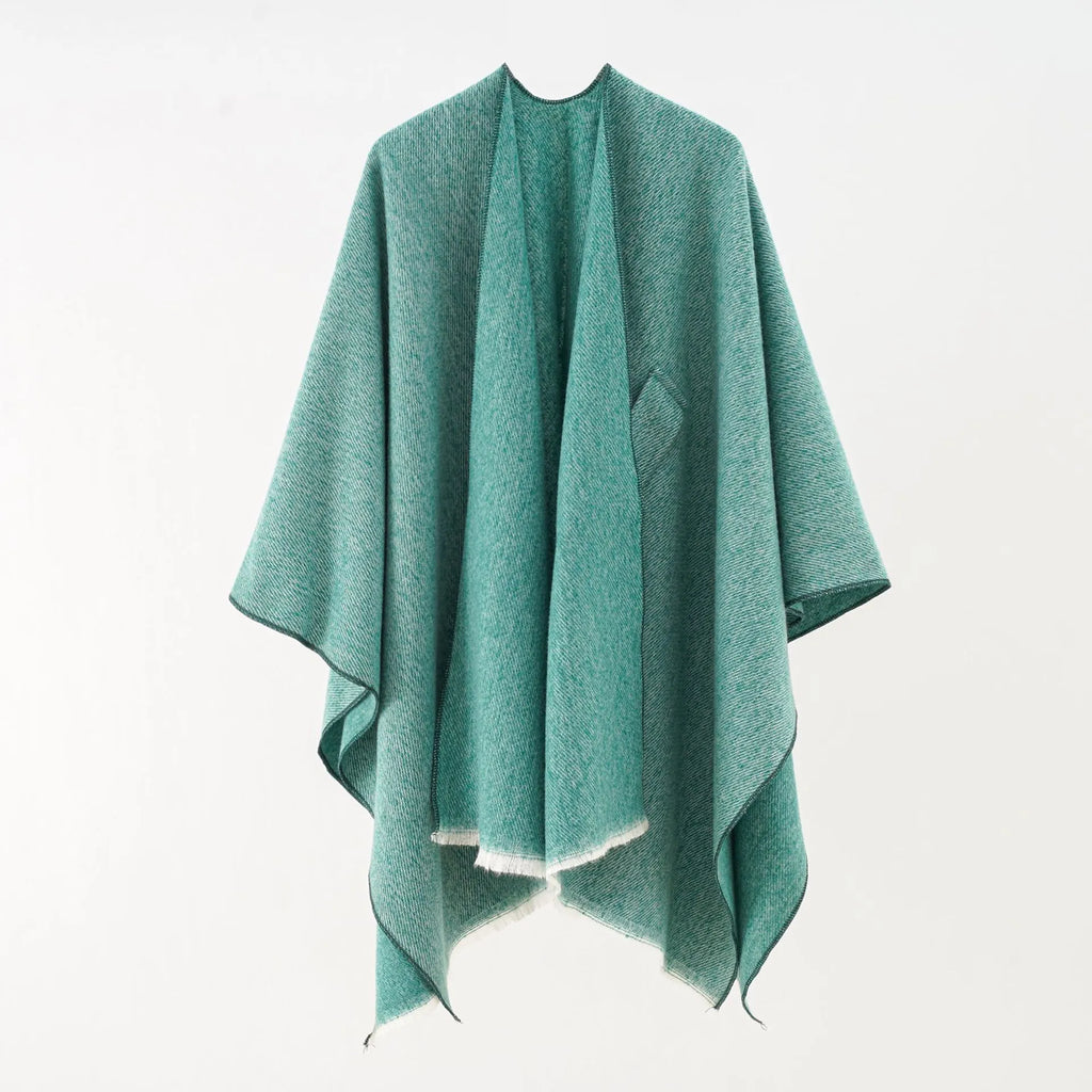 Cashmere poncho in teal green, draped V-neck wrap with open front and soft fringe edges
