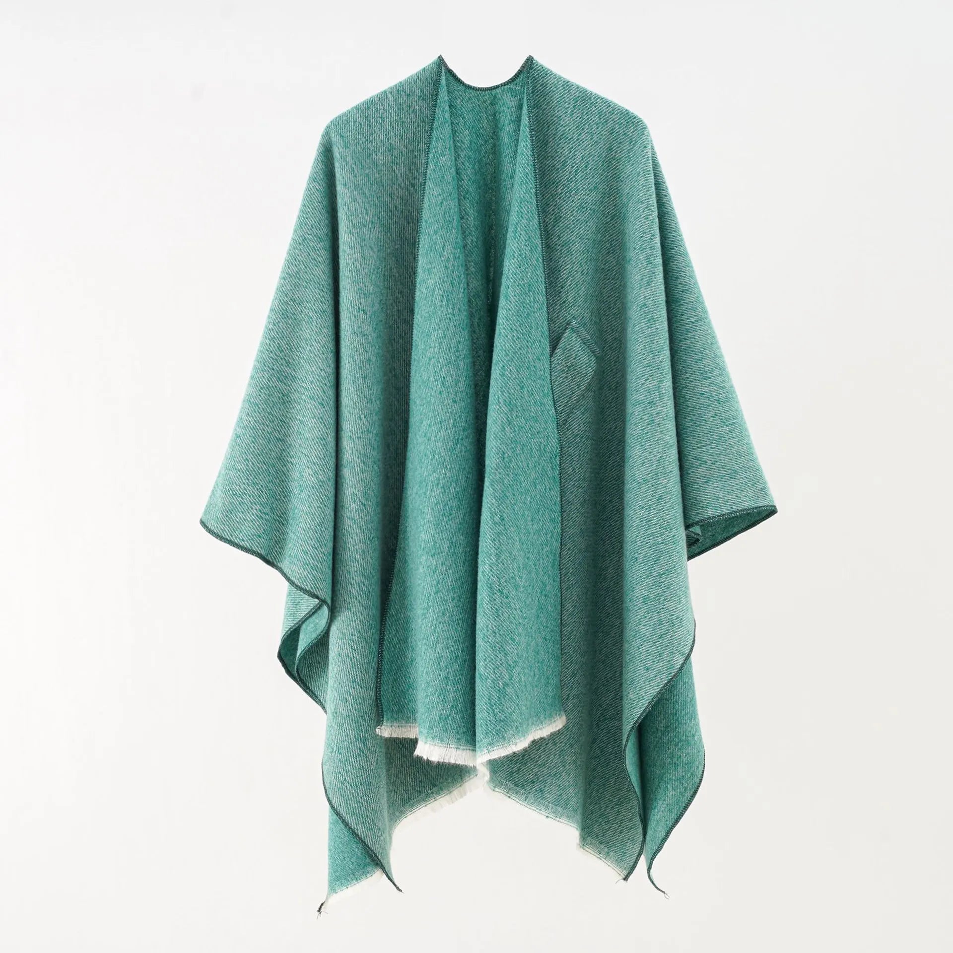 Cashmere poncho in teal green, draped V-neck wrap with open front and soft fringe edges
