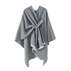 Cashmere poncho in medium gray, draped shawl style with V neckline and tied center knot