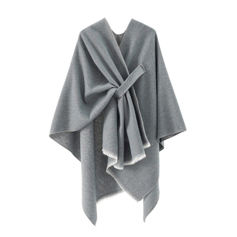 Cashmere poncho in medium gray, draped shawl style with V neckline and tied center knot