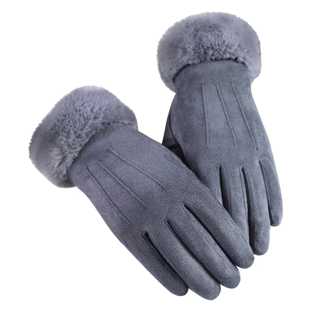 Charcoal gray leather gloves with fuzzy gray cuffs and stitched finger seams