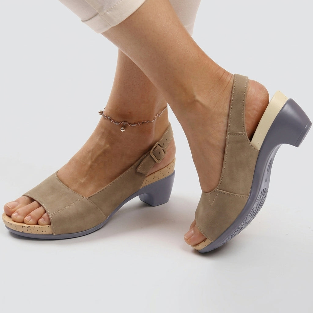 Women's beige open-toe heeled sandals with ankle strap and adjustable buckle