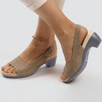 Women's beige ankle-strap heeled sandals, open toe with cushioned insole