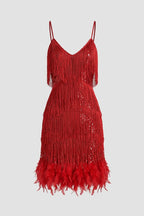 Red sequin fringe party dress with feather hem and spaghetti straps, sleeveless