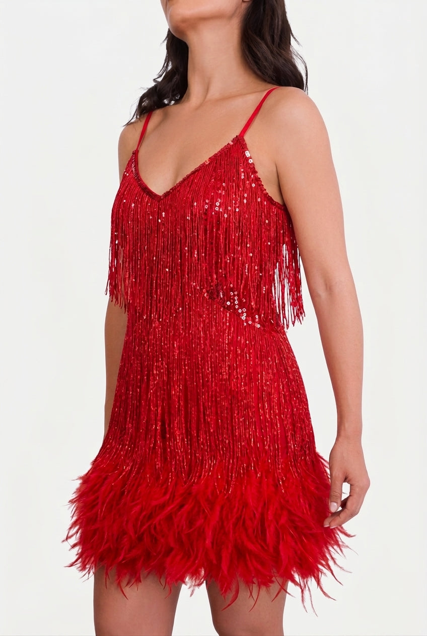 Red sequin fringe mini dress with feather hem, spaghetti straps and V-neck